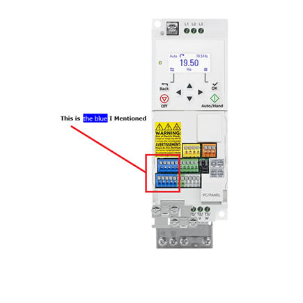 Annotated photo of a circuit breaker with a red box highlighting blue terminal blocks and a blue label
