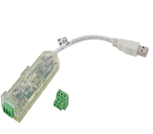 USB programming adapter with clear casing and green terminal block on a white background