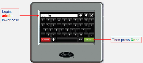 Diagram of a device login screen with on-screen keyboard, showing “admin” entered and “Done” button highlighted