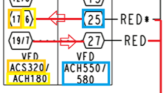 Electrical diagram snippet with colored boxes, numbers, and red arrows connecting VFD labels.
