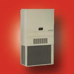 White wall-mounted furnace or air conditioner on a red background