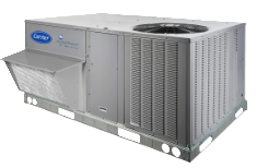Large gray Carrier rooftop HVAC unit with vents and a side access panel