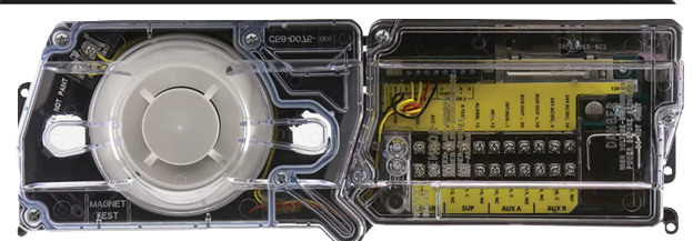 Compact clear electronic device with a circular speaker on the left and yellow circuit board on the right