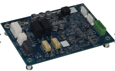 Blue electronic circuit board with connectors, capacitors, and ports on a white background