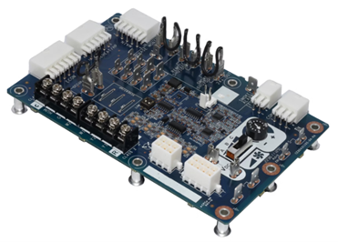 Blue electronics circuit board with multiple white connectors and black pin headers on a white background
