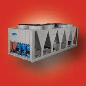 Industrial HVAC chiller unit with blue compressors on a red background