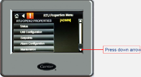Carrier thermostat screen with RTU Properties Menu and a red arrow pointing to the down arrow button