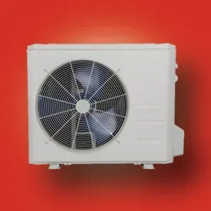 White outdoor air conditioner unit with a large fan against a red background