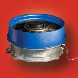 Blue industrial ventilation fan on a metal base against a red background