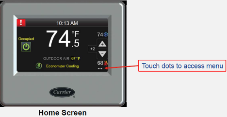 Thermostat home screen showing 74°F with a red arrow pointing to touch dots for the menu.