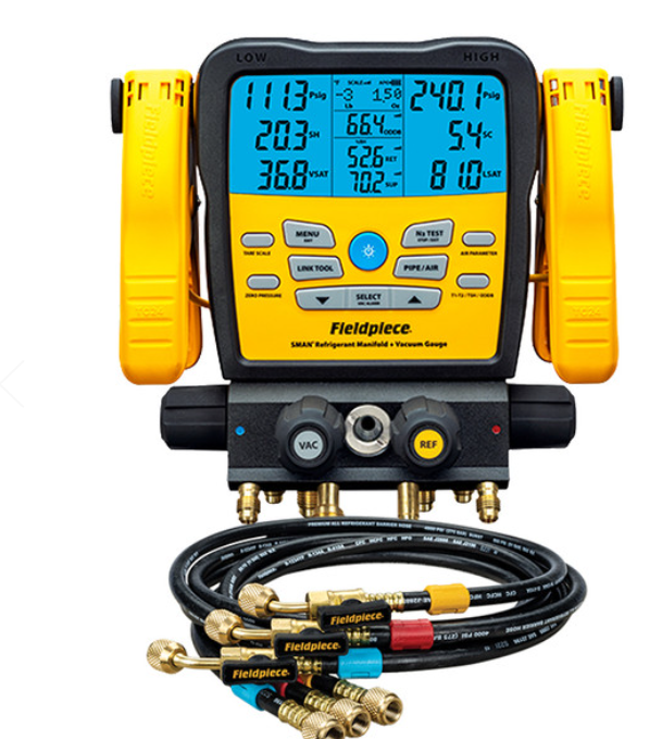 Yellow and blue Fieldpiece digital HVAC manifold gauge set with hoses and connectors