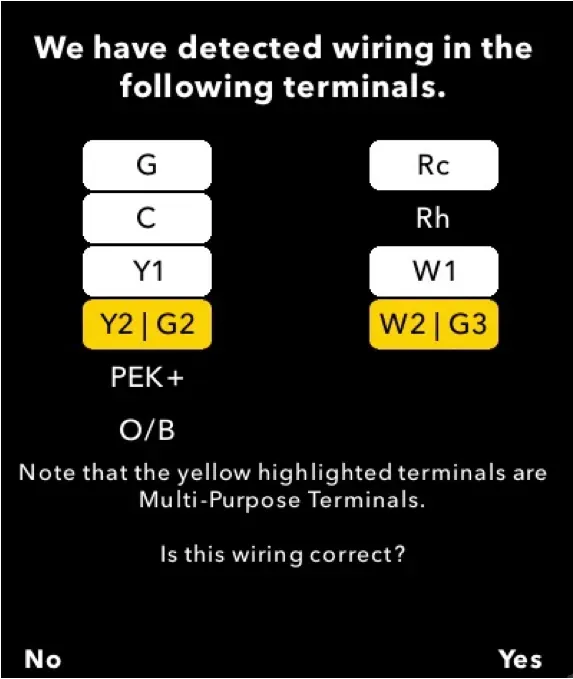 Wiring check screen showing terminals G, C, Y1, Y2/G2, Rc, Rh, W1, W2/G3 with No and Yes options