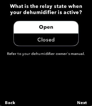 Dehumidifier setting screen asking whether relay state is open or closed when active, with Open selected.