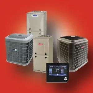 HVAC units and a digital thermostat displayed on a red background