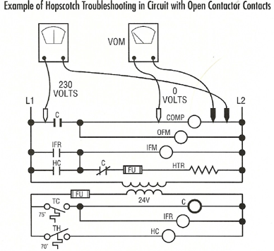 Circuit diagram showing open contactor troubleshooting with voltmeter readings and labeled wires/components.