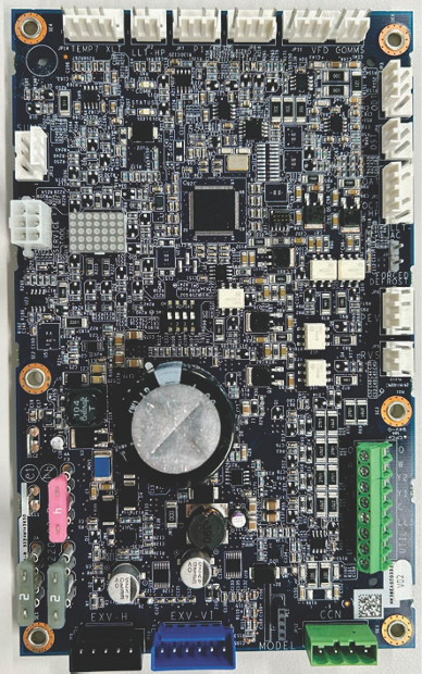 Top-down view of a black printed circuit board with connectors and chips, likely a computer control board