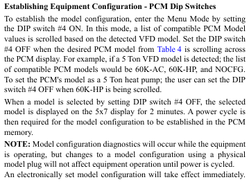 Text instructions for establishing equipment configuration with DIP switch settings and model codes.