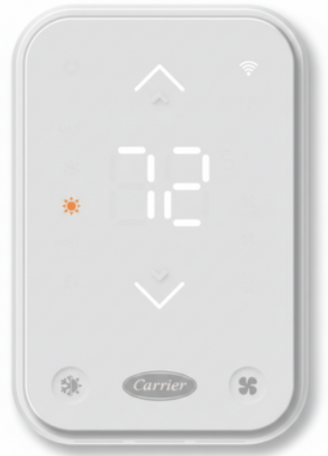 White Carrier thermostat showing 72° with up/down arrows and temperature/fan icons