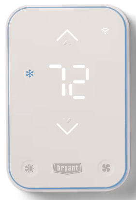 White Bryant thermostat displaying 72°F with up/down arrows and Wi‑Fi icon