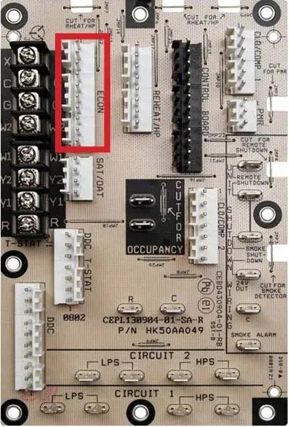 Circuit board with a red box highlighting a vertical row of white connectors.