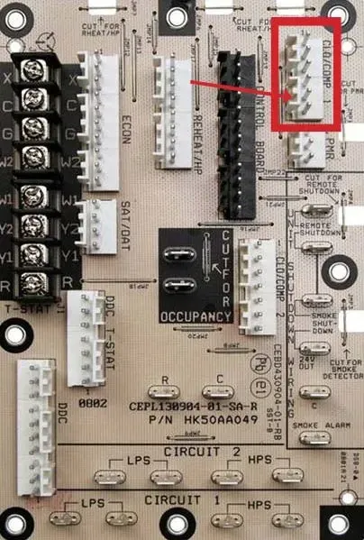 Control board circuit board with terminals, connectors, and a red-highlighted connector area on the right.