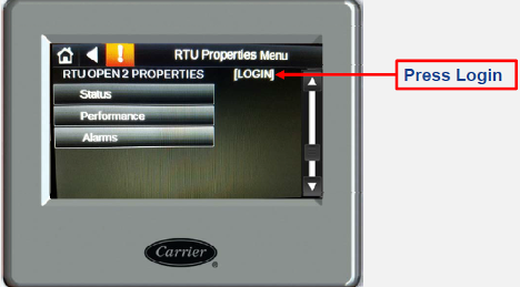 Touchscreen menu with arrow labeled “Press Login” pointing to the Login option.