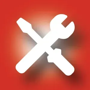 White crossed wrench and screwdriver icon on a red gradient background