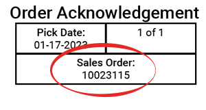 Order Acknowledgement with pick date 01-17-2023 and red circle around Sales Order 10023115