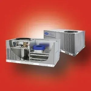 Two metallic HVAC units on a red background, one cutaway showing internal components