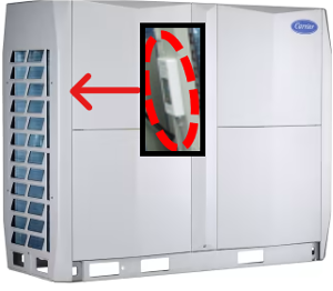White Carrier air conditioner with red arrows highlighting the side vent and central panel.