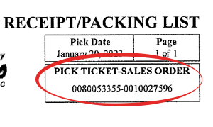 Receipt/packing list with red circle highlighting the ticket-sales order number.
