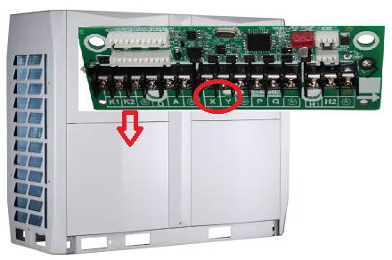 Industrial control module with circuit board overlaid, red arrow and circle highlighting connectors on the device