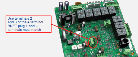 Circuit board with red circle marking a 4-terminal relay and a note directing terminal use.