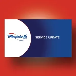 Mingledorff service update graphic with white logo panel and blue text panel on a red background