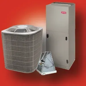 HVAC system components: outdoor condenser, indoor furnace cabinet, and evaporator coil on red background