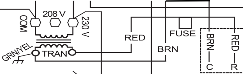 Electrical wiring diagram showing transformer, fuse, and red/brown wire connections