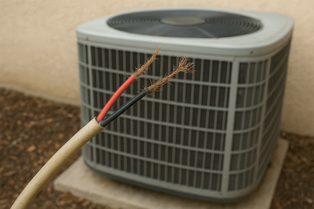 A person holds a wire brush near an outdoor air conditioner unit with a red hose attached.