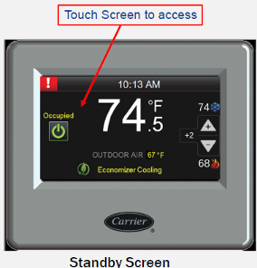 Carrier thermostat standby screen showing 74°F with touch screen access callout.