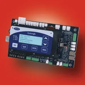 Electronic control board with a blue LCD screen and buttons on a red background