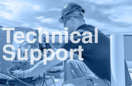 Technician servicing equipment on a rooftop with “Technical Support” text overlay.