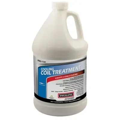 White plastic jug of cooling coil treatment cleaner with a blue-and-red label on a white background