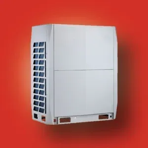 White outdoor air conditioner unit on a red background