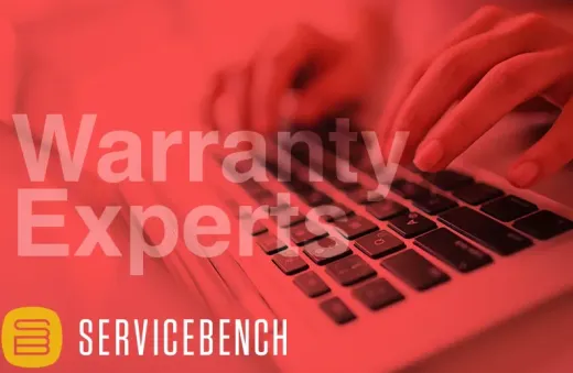 Red-tinted laptop keyboard with hands typing and ServiceBench logo; text reads “Warranty Experts”