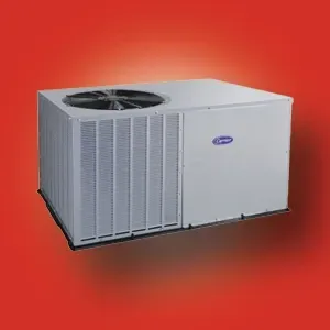 White HVAC outdoor unit with fan grille on a red background