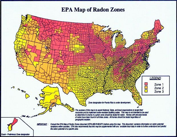 EPA map of U.S. radon zones: red (high risk), orange (moderate), yellow (low).