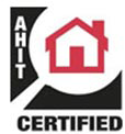AHIT Certified logo: Black and white magnifying glass around red house icon;