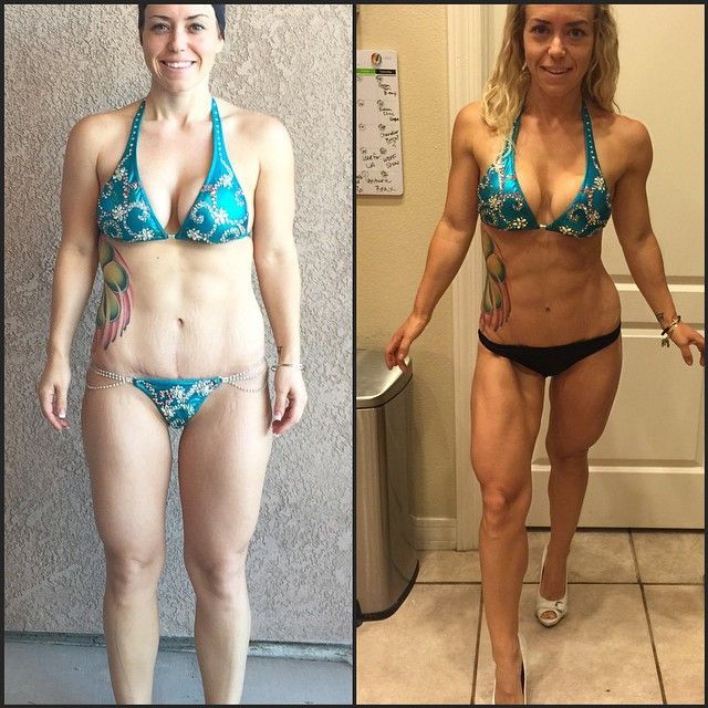 A before and after picture of a woman in a bikini standing next to a trash can