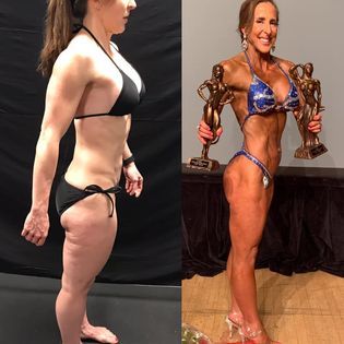 A woman in a bikini is standing next to a woman in a bikini holding a trophy.