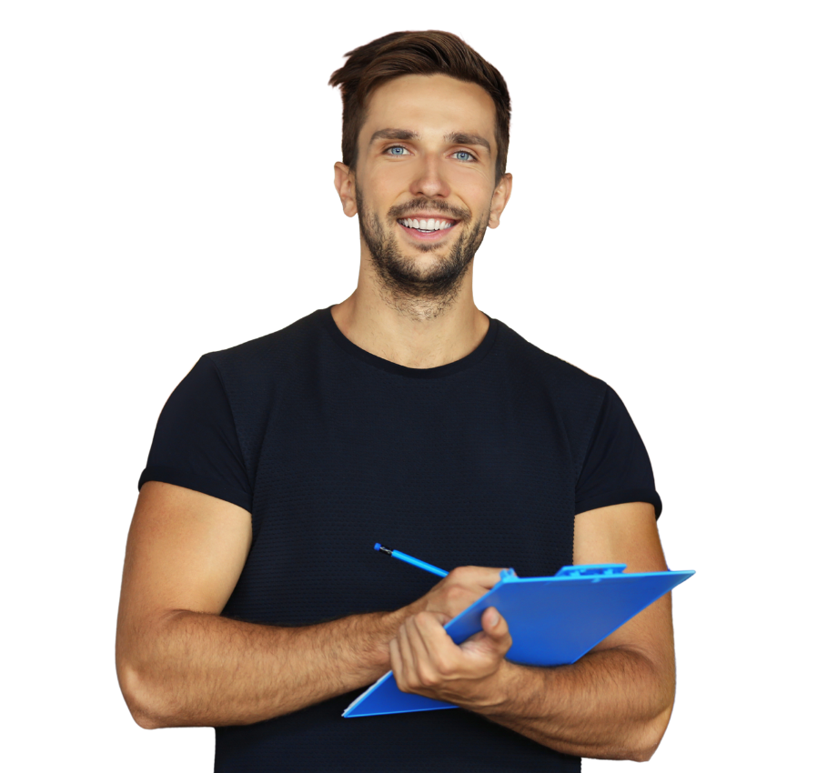 A man in a black shirt is holding a clipboard and a pen.
