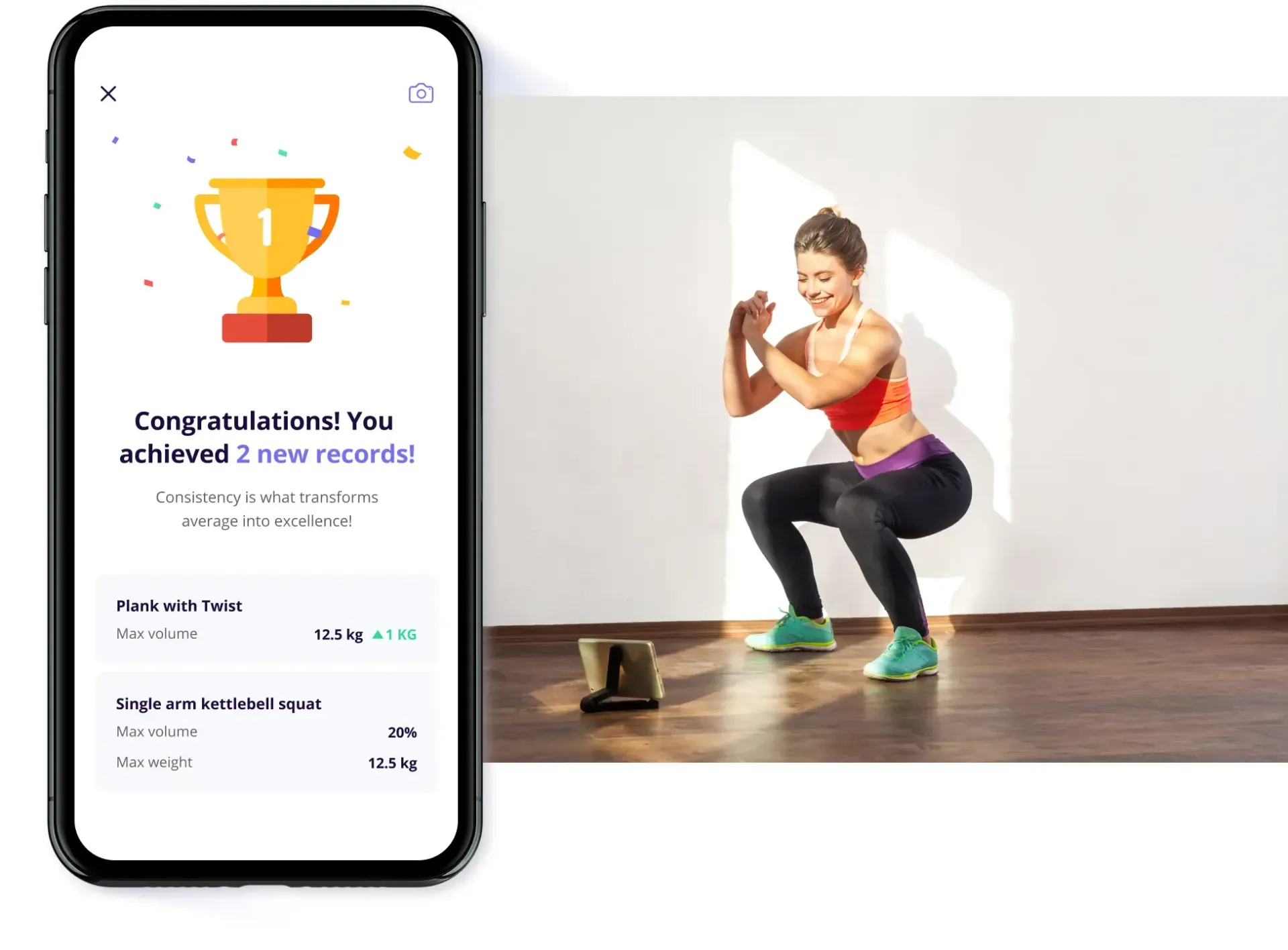 A woman is squatting next to a cell phone with a trophy on it.